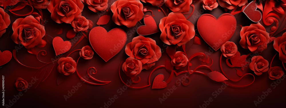 Red valentine's day background with hearts and red roses - obrazy, fototapety, plakaty 