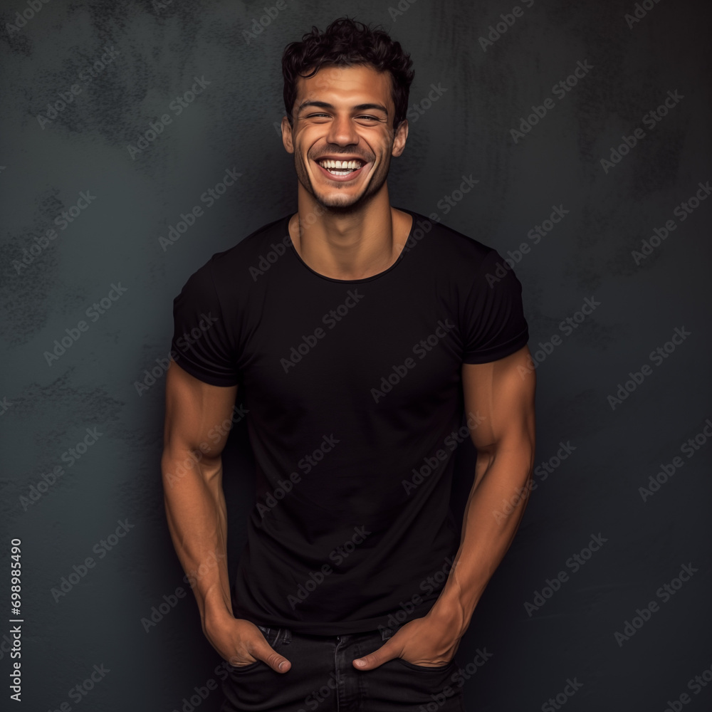 A male model with a black t-shirt mockup, smiling, muscular body