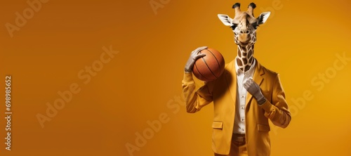 Anthropomorphic giraffe playing basketball against a orange background. photo
