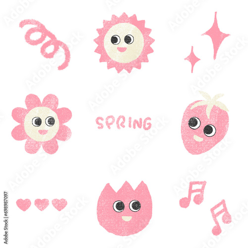 表情付きレトロな春の花のイラスト（ピンク）