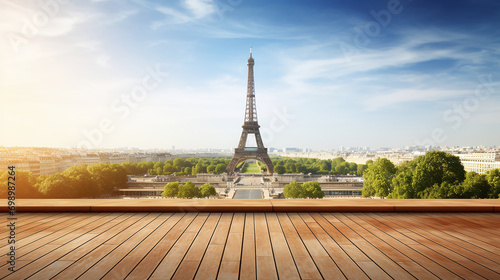 Wooden floor for display and background, landscape of Paris. Ai generate.