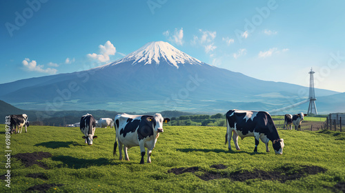 Dairy cows raised on a natural farm and Mount Fuji background. Ai generate. photo