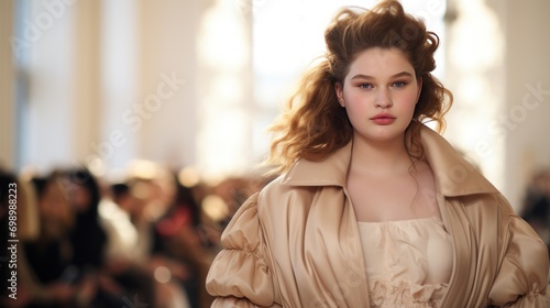 Cute chubby girl walks the runway by Nina Hamnett. Delicate golden stroke details. photo