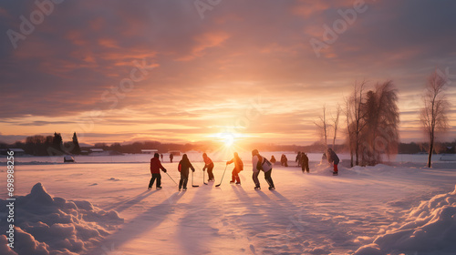 Group of children playing ice hockey on frozen lake in winter surrounded by trees and sunset in the background.