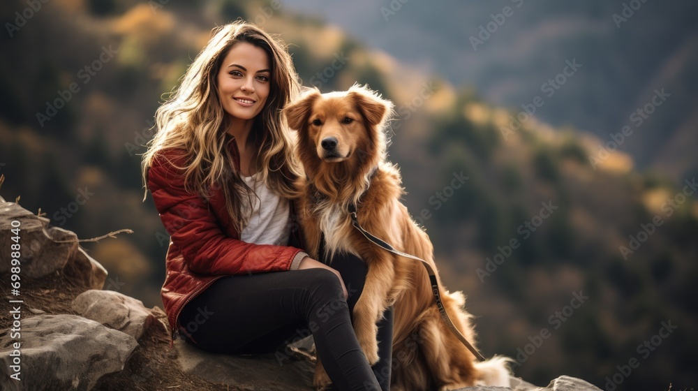 Beautiful young woman sitting on a rock with a golden retriever after hiking