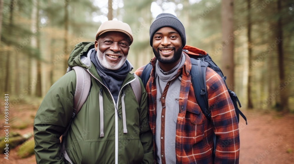 A black senior man and an adult gentleman carrying a backpack smile looking at the camera in the forest.