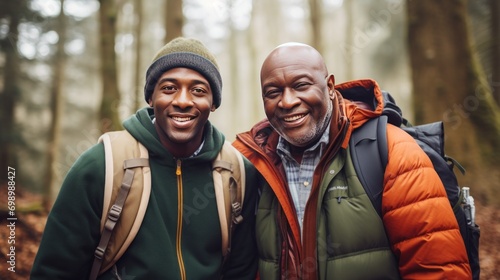 A black senior man and an adult gentleman carrying a backpack smile looking at the camera in the forest.