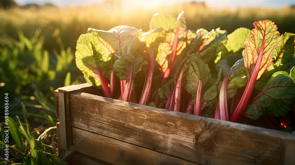 Rhubarb leafstalks harvested in a wooden box in a field with sunset. Natural organic vegetable abundance. Agriculture, healthy and natural food concept. Horizontal composition. - obrazy, fototapety, plakaty 