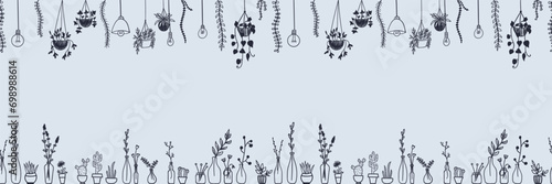 Seamless border with home plants in flowerpots and vases with copy space in the center. May use as banner or header. Vector