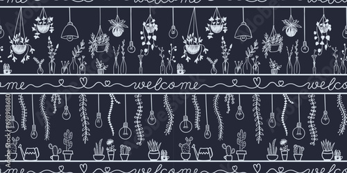 Seamless pattern with houseplants on the shelves and word - welcome. Hand drawn vector illustration on dark gray background