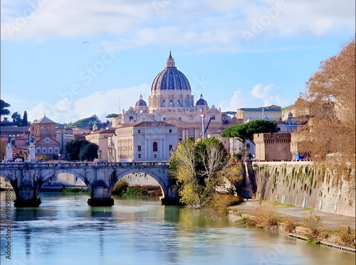 St.Peter's basilica and Ponte Vittorio Emanuele II bridge in Vatican, Rome.Italy