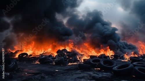 Black smoke from a tire fire Rubber cemetery at the rubber incineration plant. Rubber recycling.