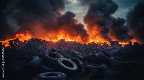 Black smoke from a tire fire Rubber cemetery at the rubber incineration plant. Rubber recycling.
