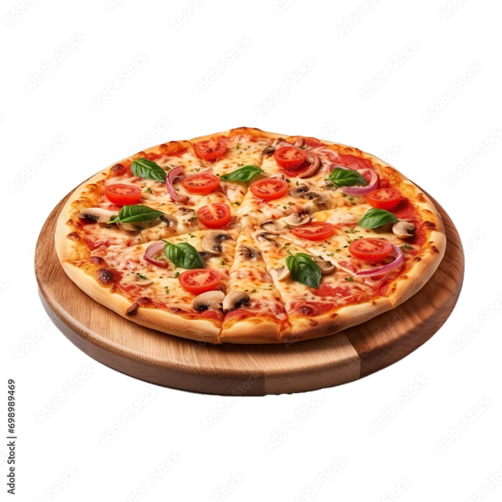 Pizza with tomatoes and basil leaves on wooden board