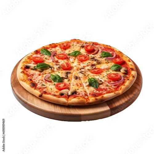 Pizza with tomatoes and basil leaves on wooden board