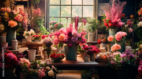 Bouquets of bright colorful delicate flowers in vases stand on a table and shelves in background of flower store. Shop window decoration. Natural ecological plants. A sense of peace and domestic bliss