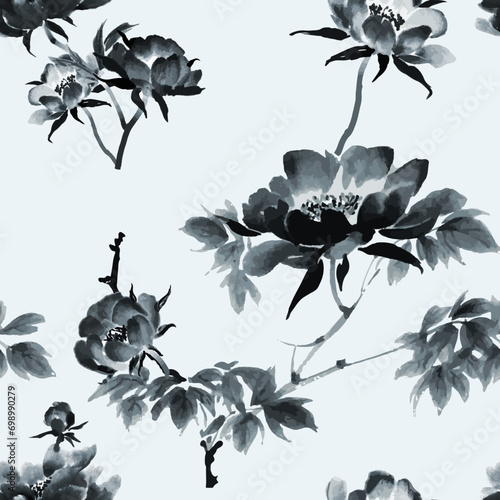 Ink sumi-e style hand painted seamless vector floral pattern with dark blue peony flowers, intertwined branches, buds and leaves on light blue background.