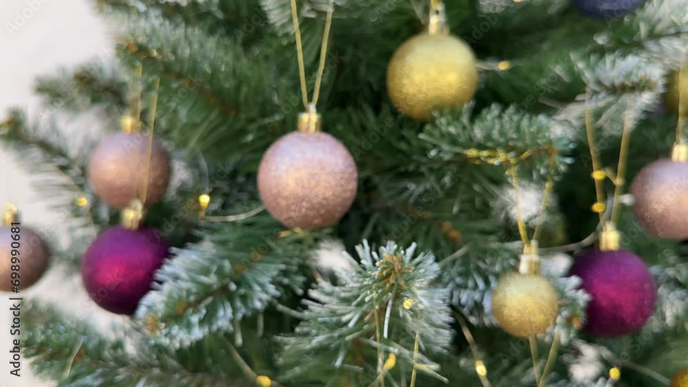 shiny christmas pink ball on the christmas tree bokeh camera departure, christmas background shiny christmas pink ball on the christmas tree bokeh camera departure, christmas background