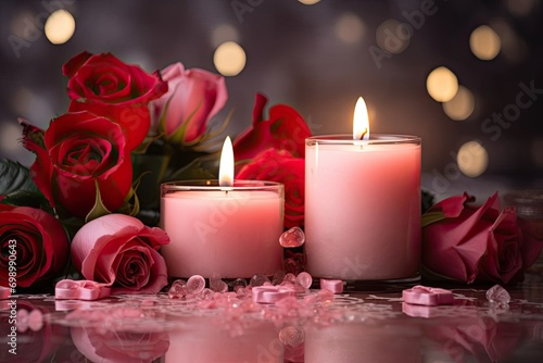 Romantic Valentine's Day Atmosphere with Ornaments, Flowers, and Candles for Greeting Card Designs