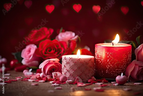 Romantic Valentine's Day Decorations with Ornaments, Flowers, and Candles for Greeting Card Design