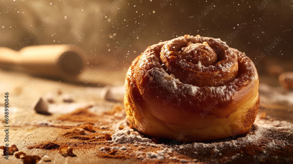 Close-up of delicious fresh Cinnamon bun sprinkled with powdered sugar and cinnamon. A product photo of a classic French cake for pastry.