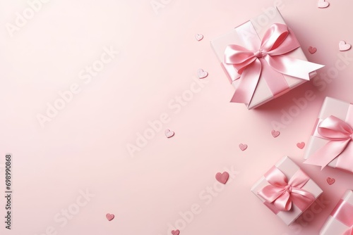 Gift boxes with pink ribbons  hearts on pink background. St. Valentines day composition  copyspace