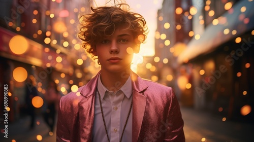 AI generated illustration of a boy in a pink suit against the backdrop of a vibrant cityscape photo