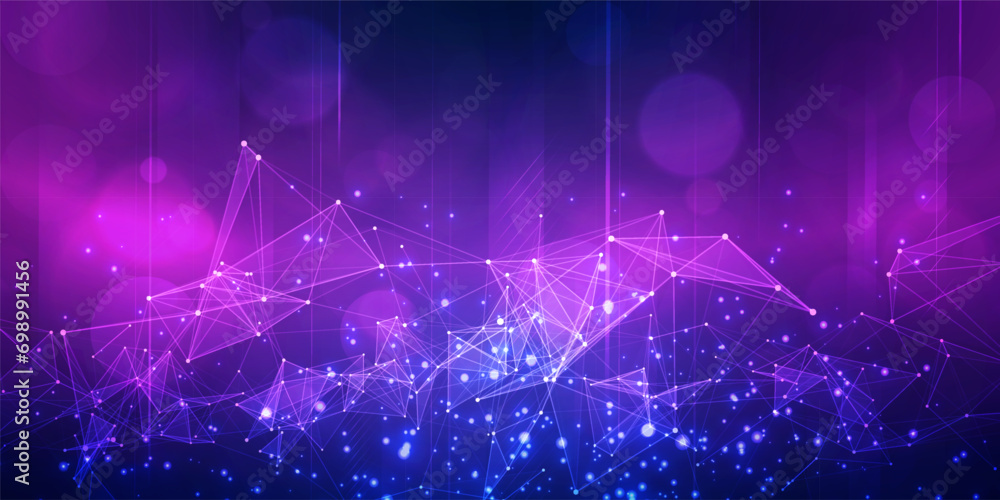 Digital technology futuristic Ai big data blue purple background, internet network connection, abstract cyber information communication, science innovation future tech, line dot illustration vector 3d - obrazy, fototapety, plakaty 