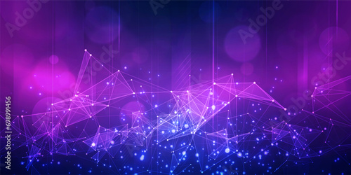 Digital technology futuristic Ai big data blue purple background, internet network connection, abstract cyber information communication, science innovation future tech, line dot illustration vector 3d photo