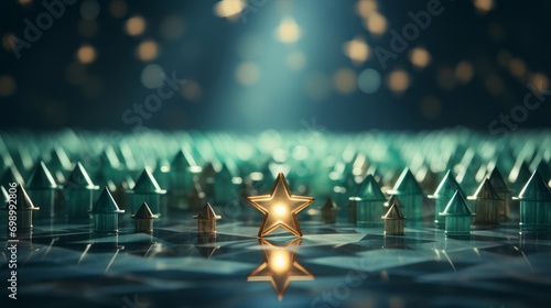 Stand out from the crowd and different creative idea concepts One glowing light star standing among other dim stars on green pastel color background with reflections and shadows 3D rendering photo