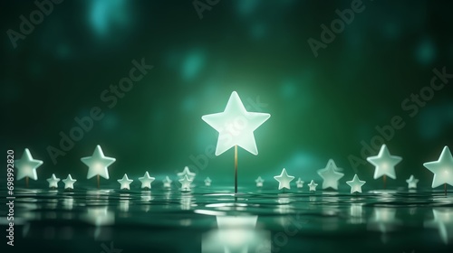 Stand out from the crowd and different creative idea concepts One glowing light star standing among other dim stars on green pastel color background with reflections and shadows 3D rendering