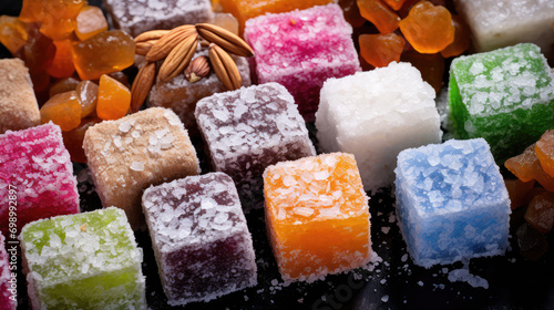 Closeup Sliced turkish delight cubes close-up. National traditional Turkish sweets sprinkled with powdered sugar. Jelly natural bonbons.
