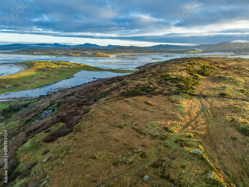 Aerial view of Castlegoland hill by Portnoo - County Donegal, Ireland.
