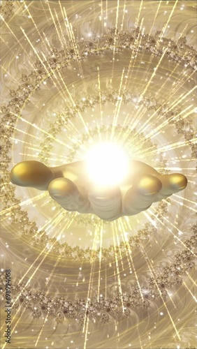 Vertical 3D Golden Hand of God, abundance meditation animation, video, visualizer photo