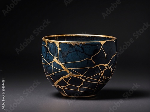 a potery cup isolated in dark, kintsugi photo