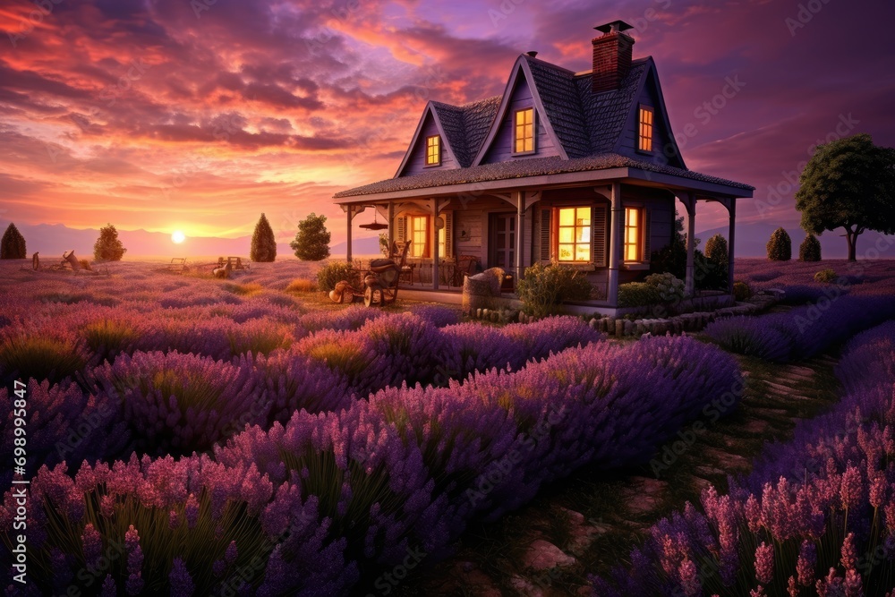 Lavender field at sunset in the evening. 3d render, A cozy cottage nestled amidst a field of lavender, AI Generated