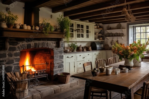 Kitchen in a rustic style with fireplace and wooden furniture, A cozy country kitchen with a warm, inviting fireplace, AI Generated