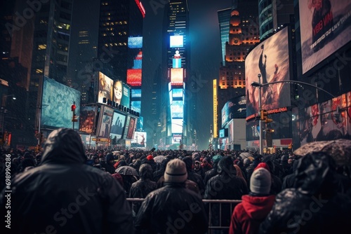 s Square, featured with Broadway Theaters and huge number of LED signs, is a symbol of New York City and the United States, A crowd waiting for the ball drop at Times Square, AI Generated