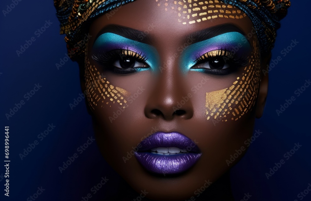 Artful Colorful woman makeup. Portrait style people. Fictional person. Generate Ai
