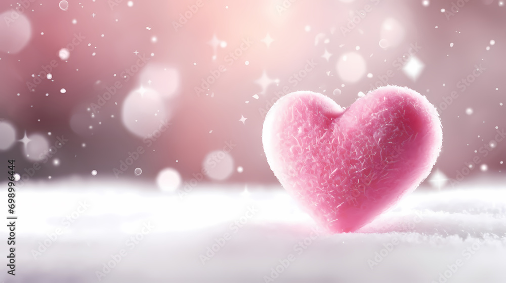 Frozen pink heart on snow with bokeh snow background. Christmas wallpaper. Icy winter banner with copy space