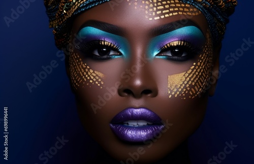 Artful Colorful woman makeup. Portrait style people. Fictional person. Generate Ai