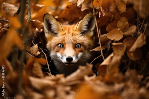 Close up of a red fox in the autumn forest with fallen leaves, A curious fox peeking out of an autumn forest, AI Generated photo