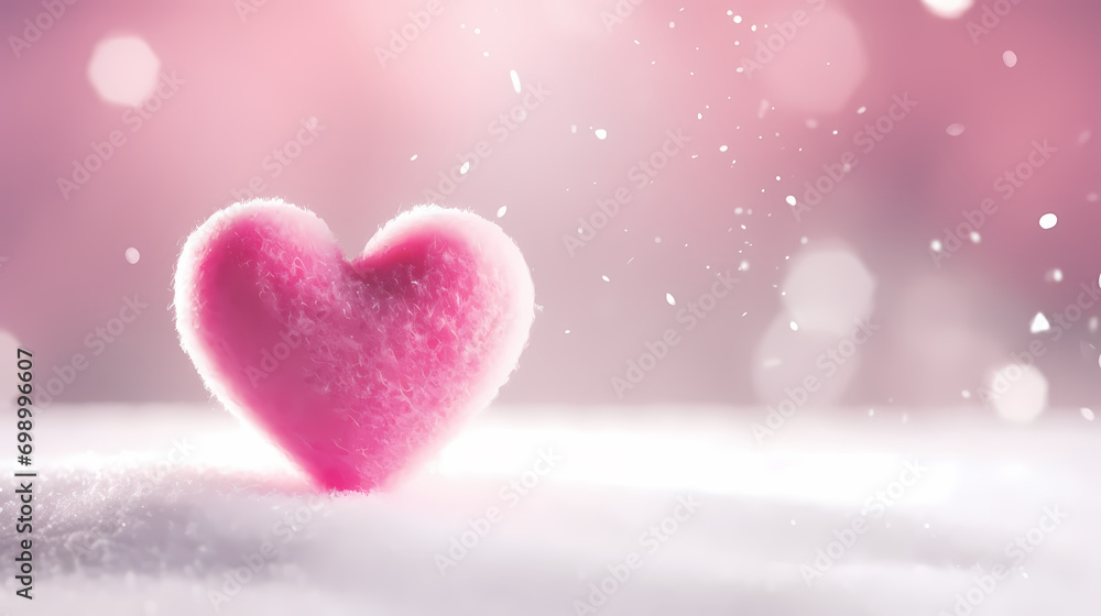 Frozen pink heart on snow with bokeh snow background. Christmas wallpaper. Icy winter banner with copy space