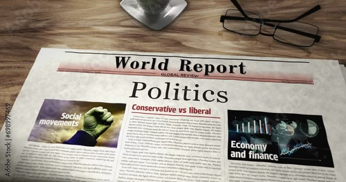 Politics daily newspaper on table. Headlines news abstract concept 3d. photo