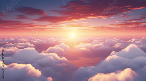 a view of a sunset over a cloud filled sky with a plane flying in the distance. Sunset, sunrise, sky with clouds at twilight, 