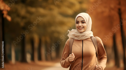 Muslim woman running in the background park 