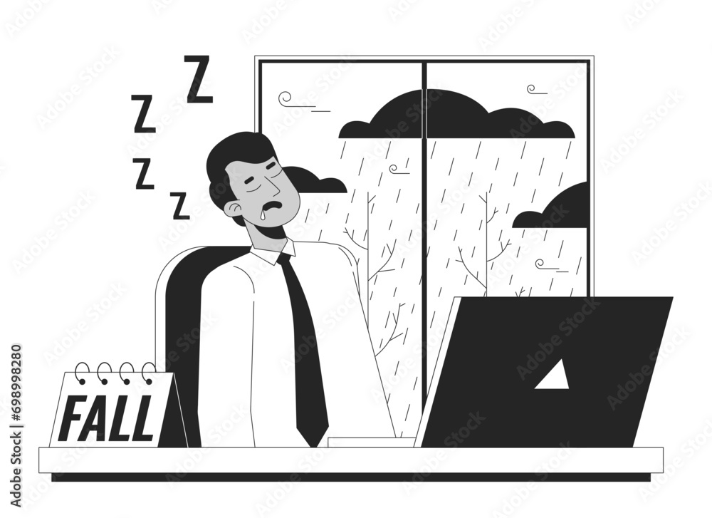 SAD fatigue workplace black and white cartoon flat illustration. Sluggish tired employee male 2D