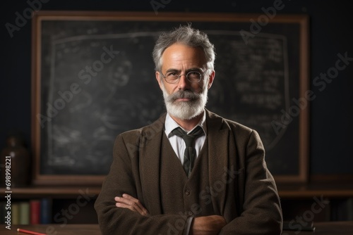 Portrait of a senior male teacher standing in front of a blackboard, A distinguished professor in front of a classic blackboard, AI Generated