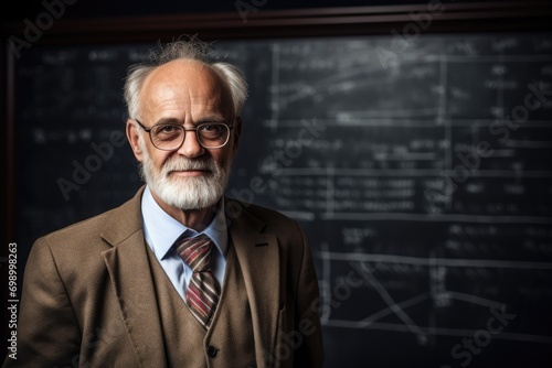 Portrait of a senior teacher in front of a blackboard, A distinguished professor in front of a classic blackboard, AI Generated