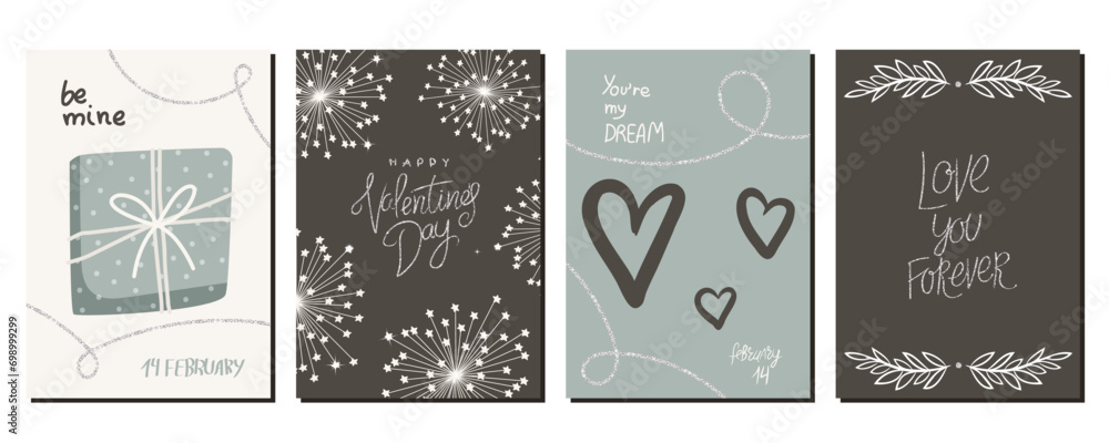 Fototapeta premium A set of postcards for Valentine's Day. Cute illustrations. Couple in love. Cute elements for holiday cards 